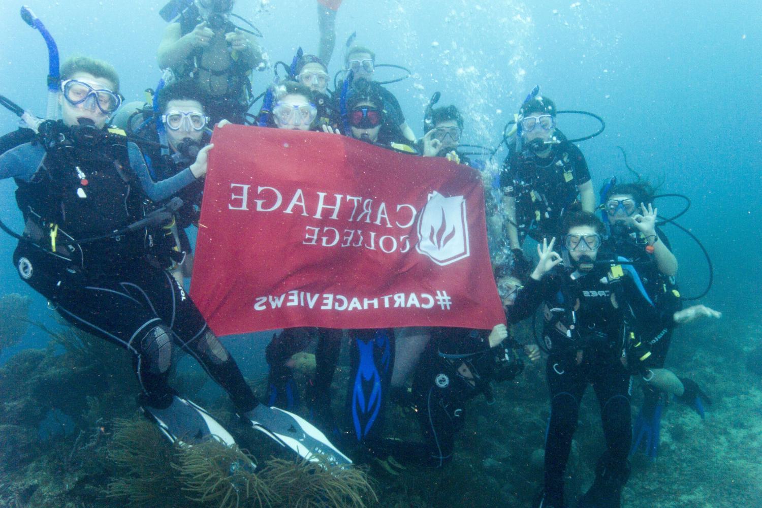 学生们手持<a href='http://oz.veosonica.com'>bv伟德ios下载</a>旗帜，在j学期洪都拉斯游学之旅中潜水.